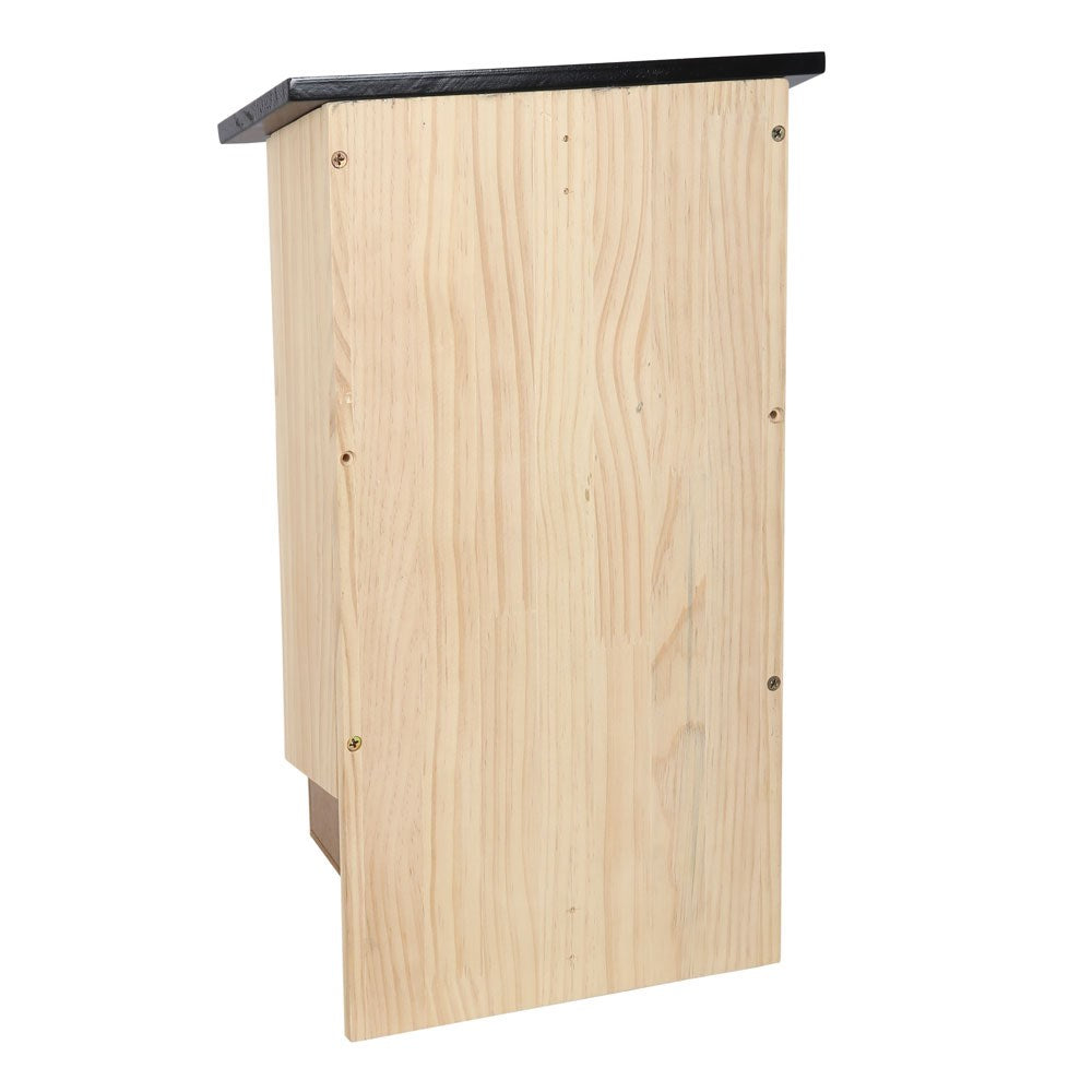 Wooden birdhouse with a black roof side view
