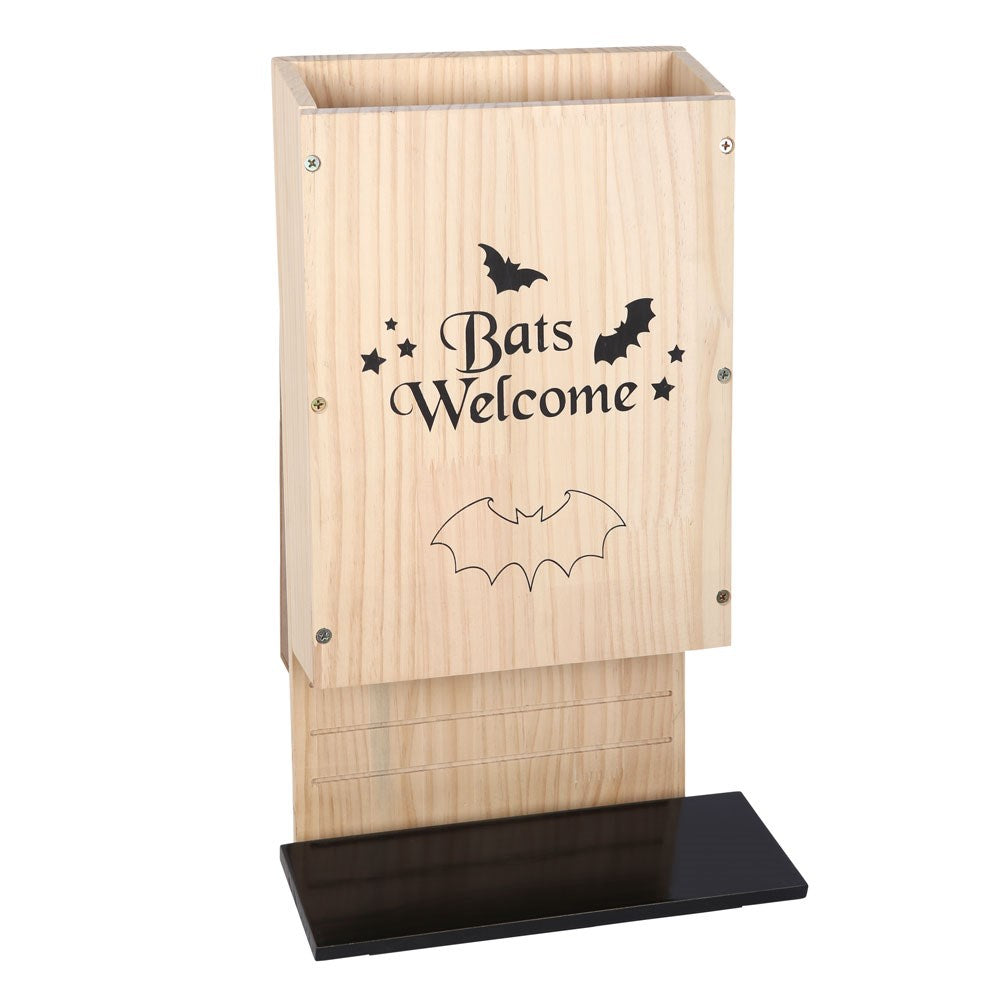 Wooden bat house with 'Bats Welcome' text and bat illustrations bat box for garden