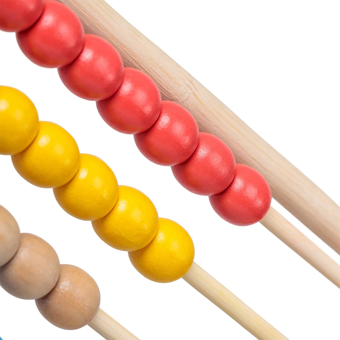 Close-up of a wooden abacus with red, yellow, and beige beads on a white background