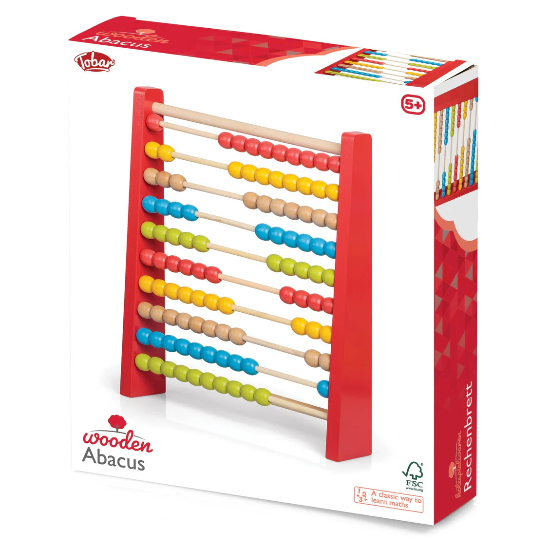 Wooden abacus toy with colorful beads on a white background