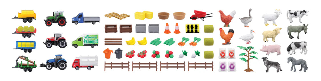 Collection of farm-themed toys including animals, vehicles, and items on a white background