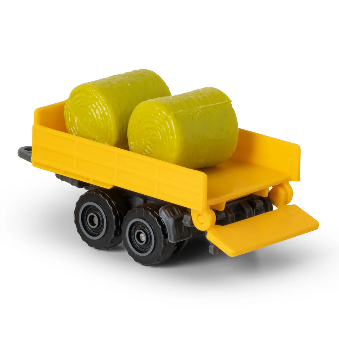 Toy dump truck with yellow bed and black wheels on a white background