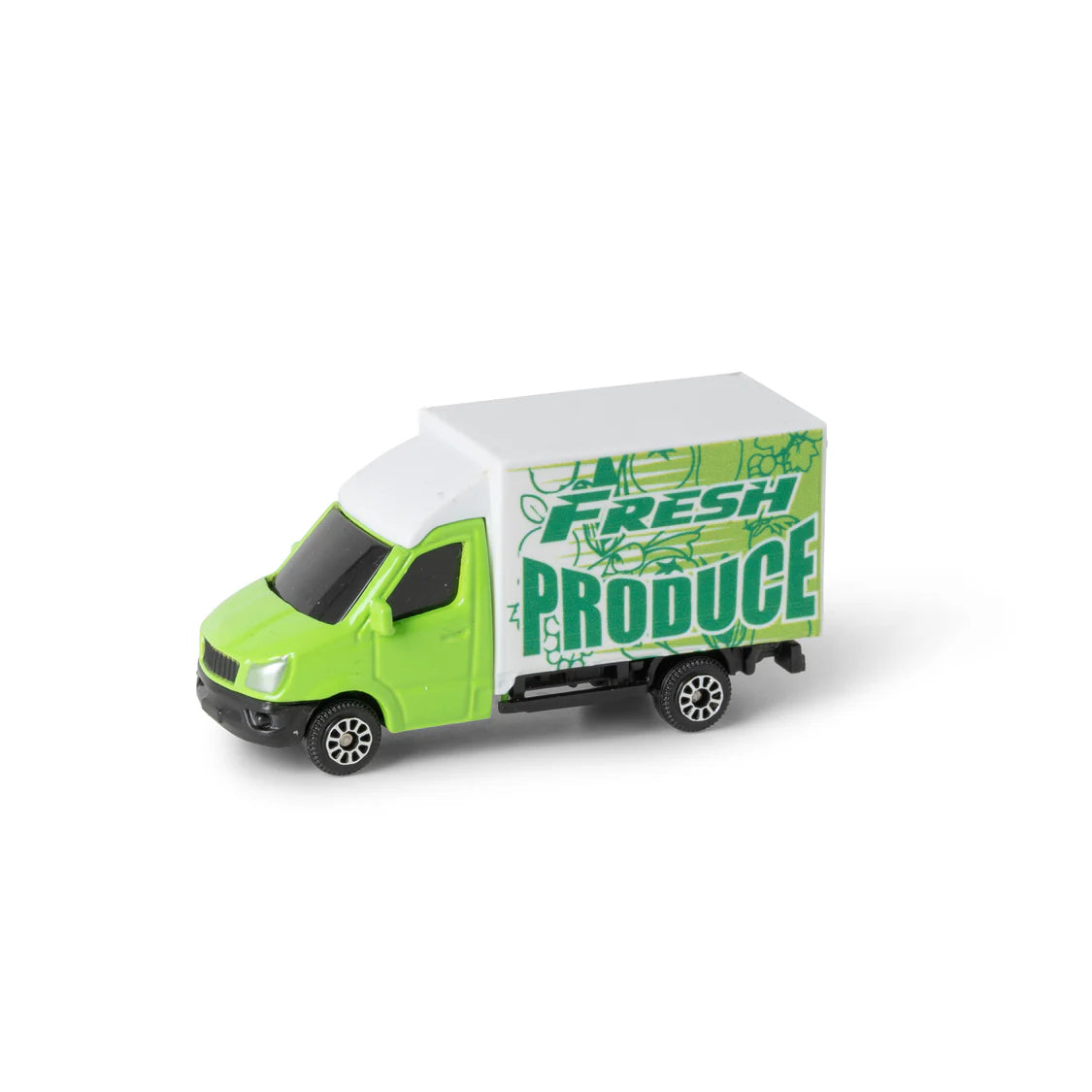 Model of a green and white delivery truck with 'Fresh Produce' text on a white background