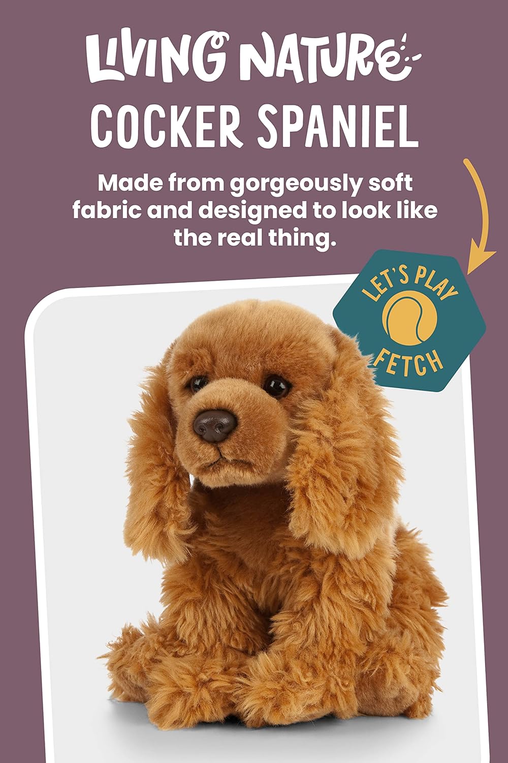 Plush Cocker Spaniel toy with text about its material and design on a purple background