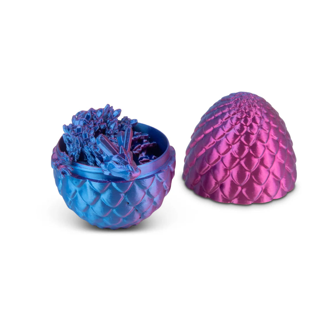 Blue and pink dragon egg-shaped containers with a dragon on a white background