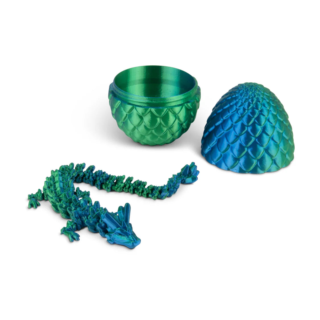 Green and blue dragon with egg set on a white background