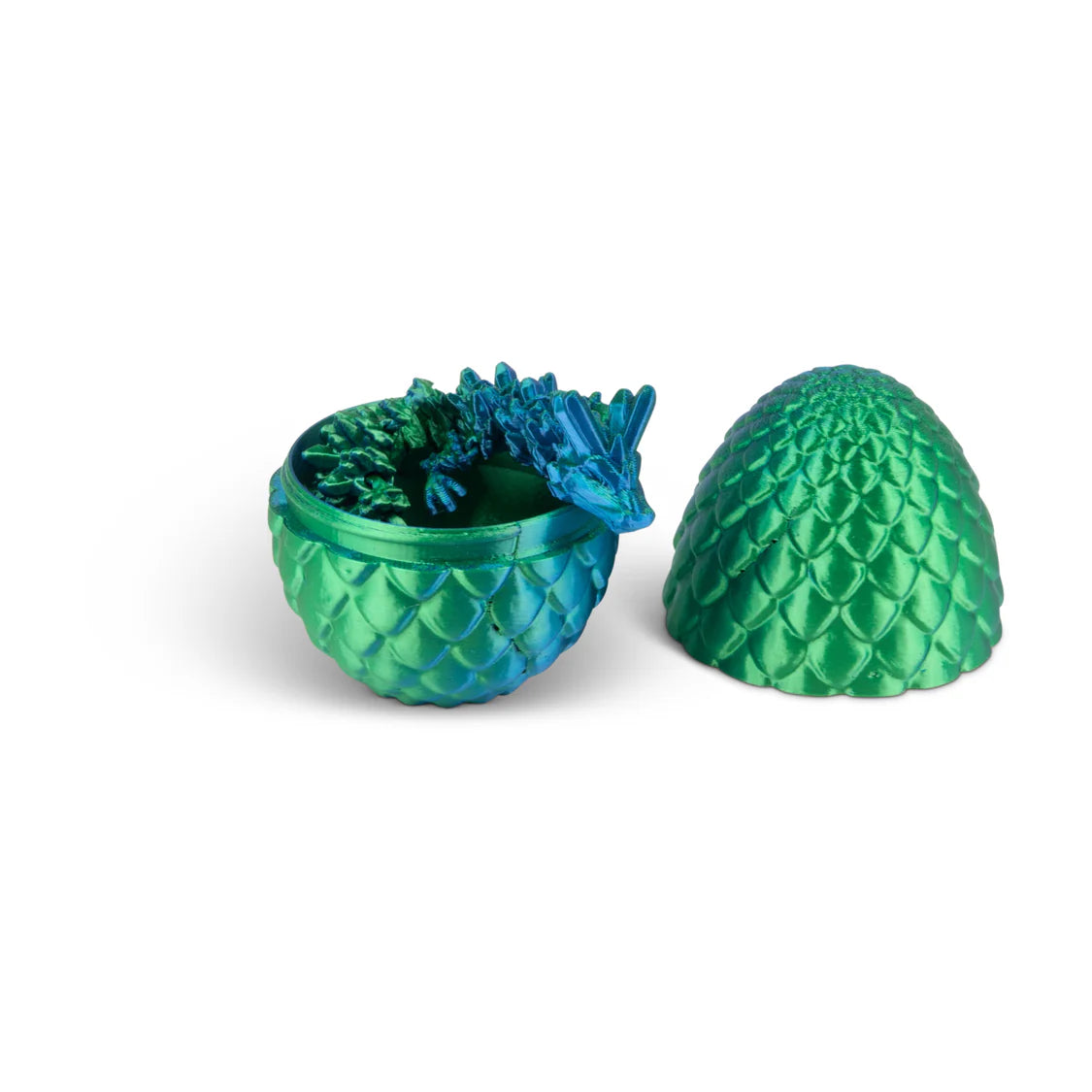 Green textured egg with a matching lid and dragon on a white background