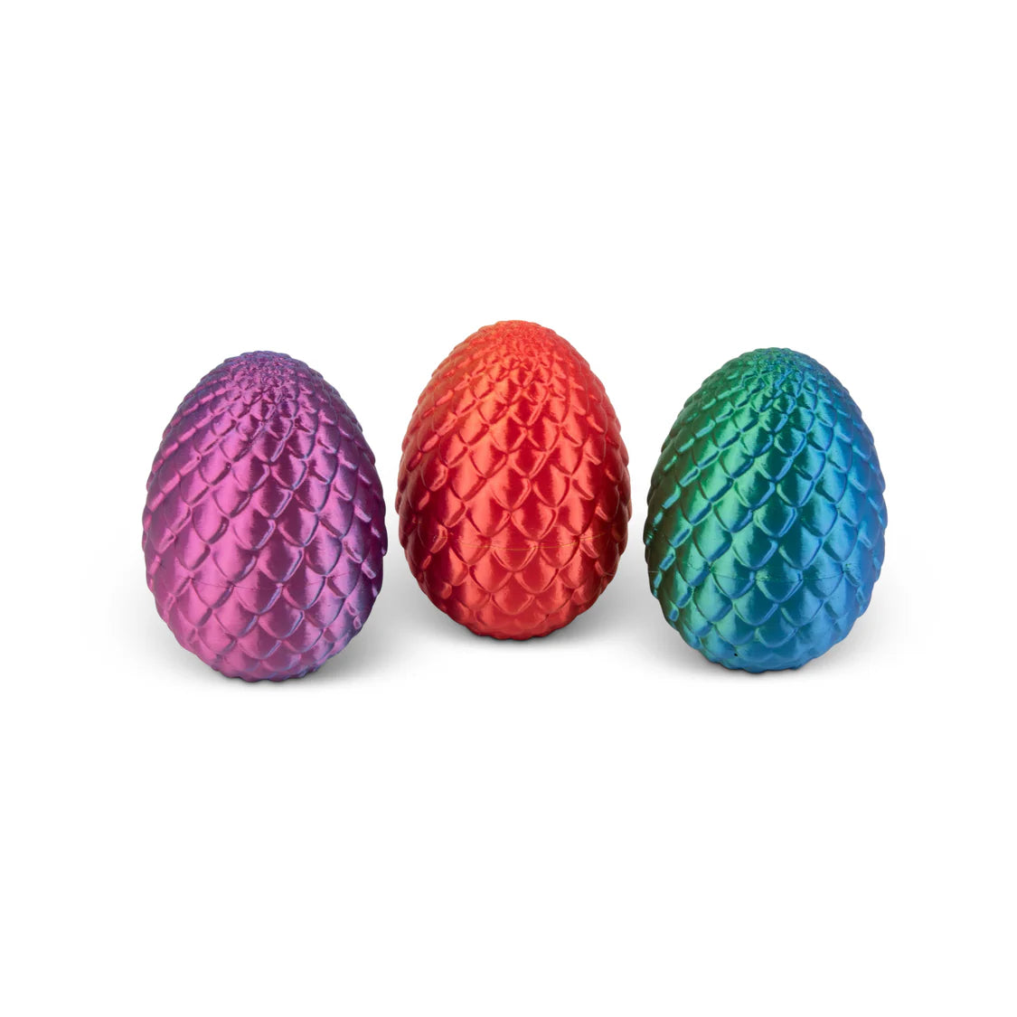 Three metallic dragon eggs in purple, red, and blue on a white background