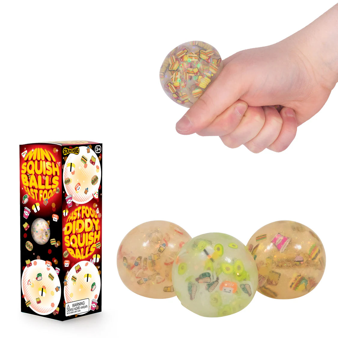 Hand holding a colorful squishy ball next to its packaging and additional balls on a white background