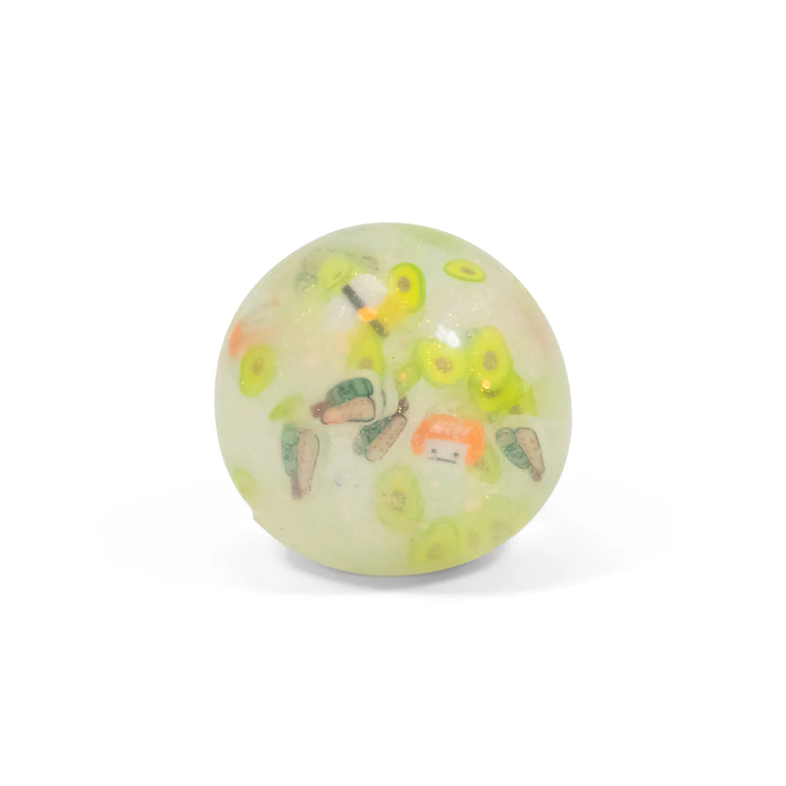 Glowing green ball with cartoon characters on a white background