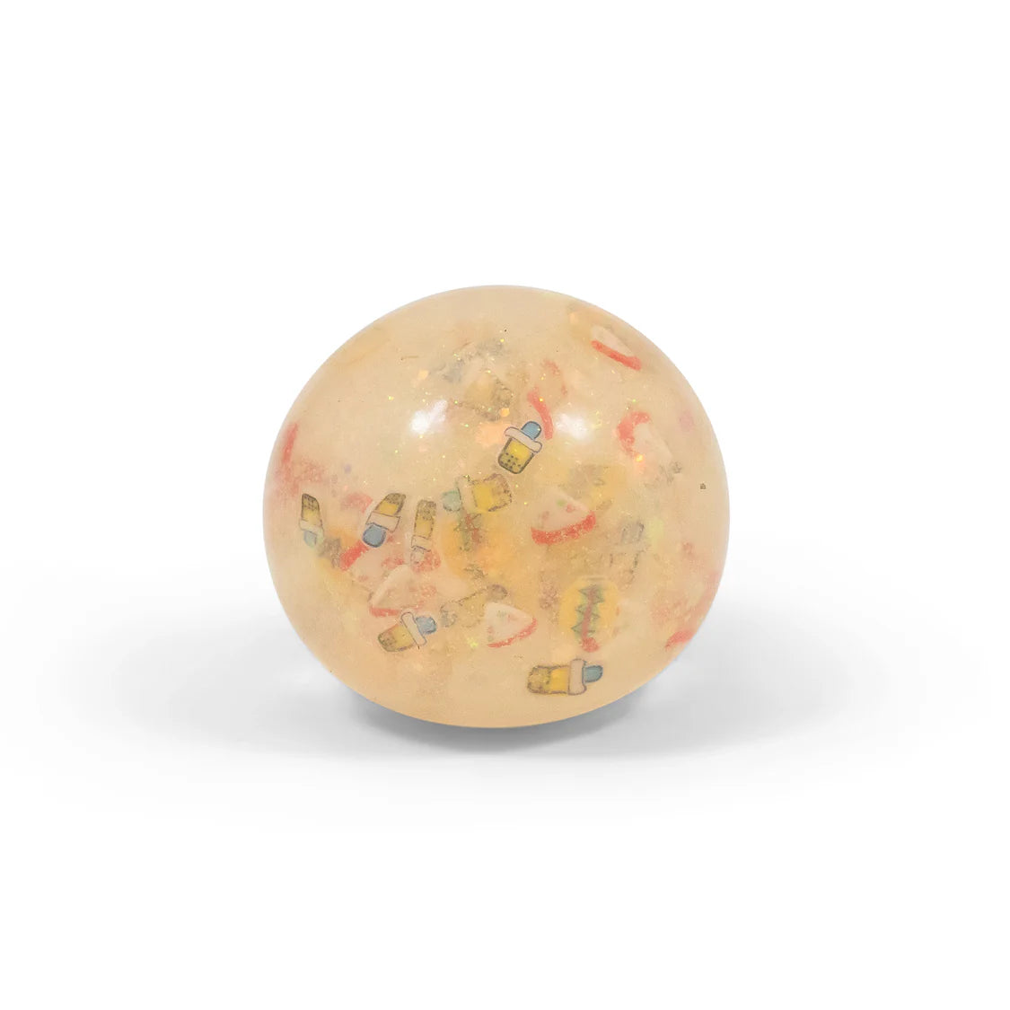 Round, beige object with colorful designs on a white background