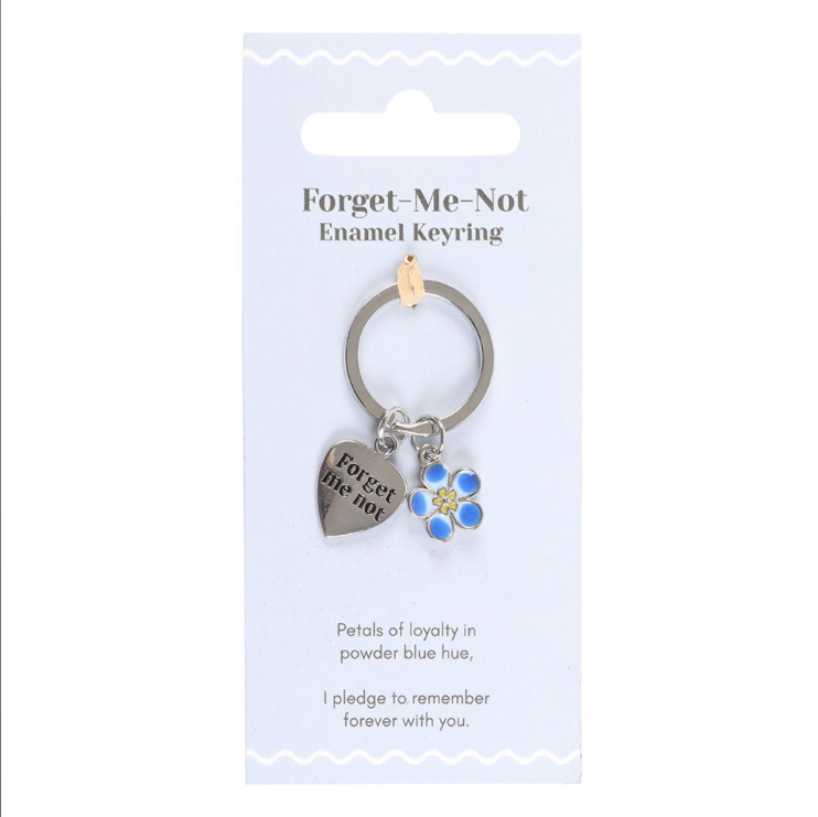 Blue and silver colour Forget-Me-Not Enamel Flower Metal Keyring on packaging
