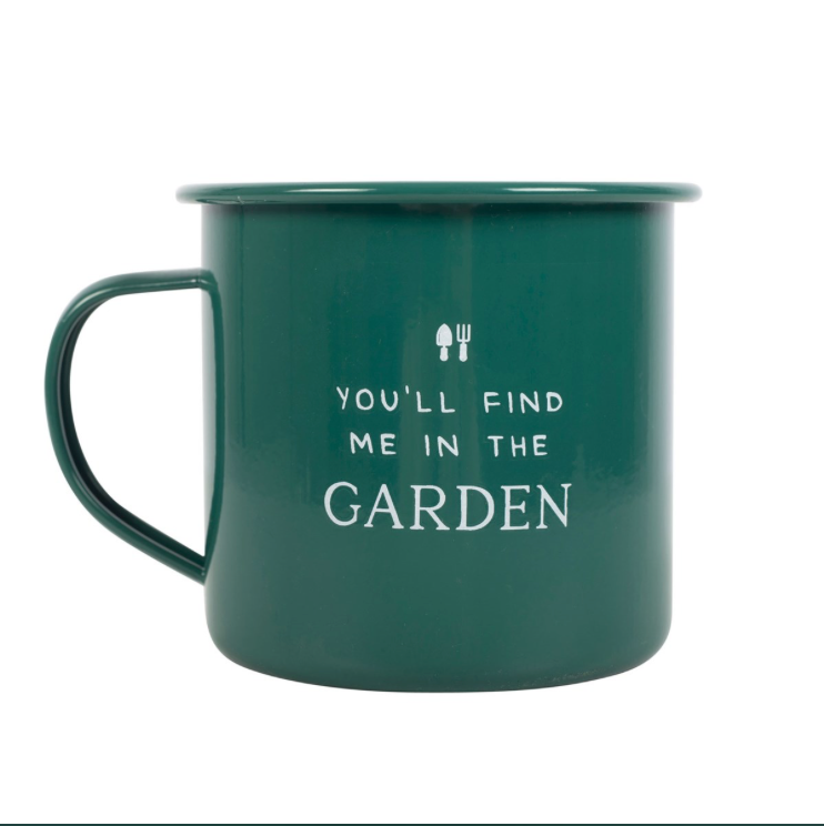 Gardeners Mug - Find Me In The Garden Green Enamel Mug front
