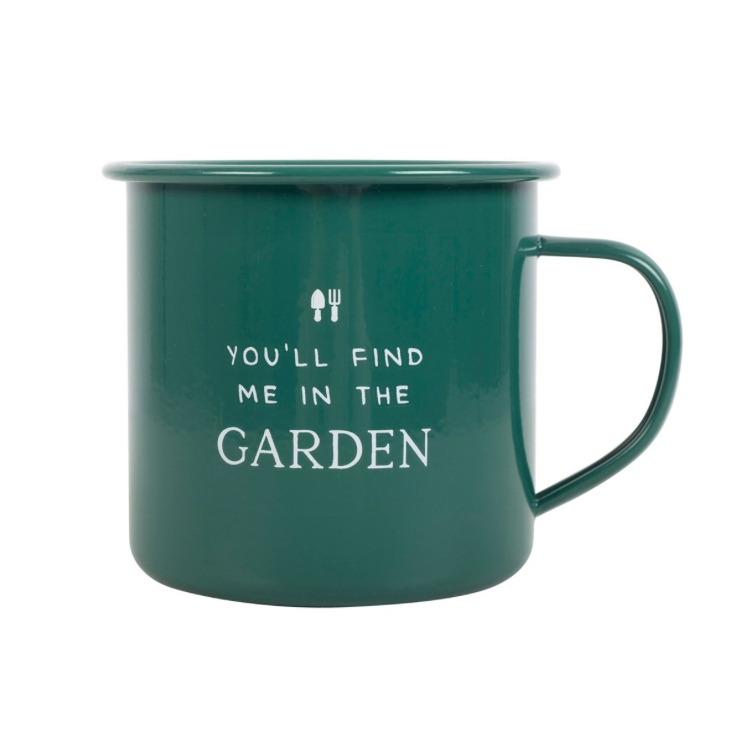Gardeners Mug - Find Me In The Garden Green Enamel Mug back