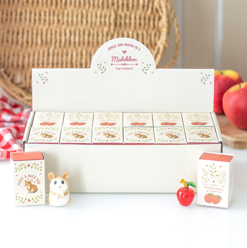 Glass Apples and Ceramic Mice in a Matchbox with display box