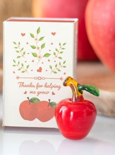 Glass Apples with Matchbox that says thanks for helping me grow