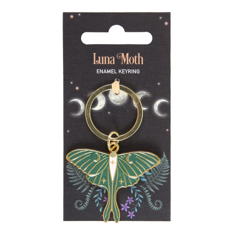 Luna Moth green and white enamel metal keyring on display