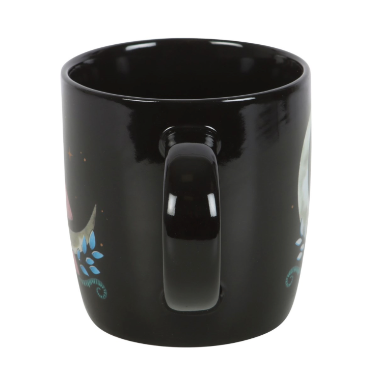 Dark Forest Mushroom Moon Mug a black mug with white crescent moon and pink mushrooms back view