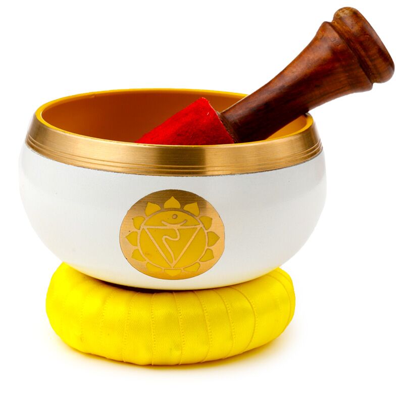 Singing Bowl yellow chakra with mango wood stick and cushion