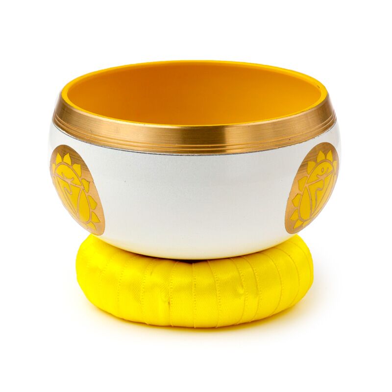 Singing Bowl yellow chakra with mango wood stick and cushion side