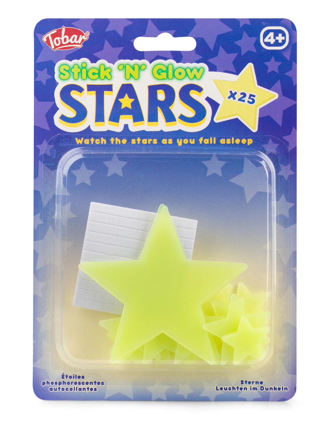 Packaging of Tobar Stick 'N' Glow Stars with a star-shaped glow item inside.