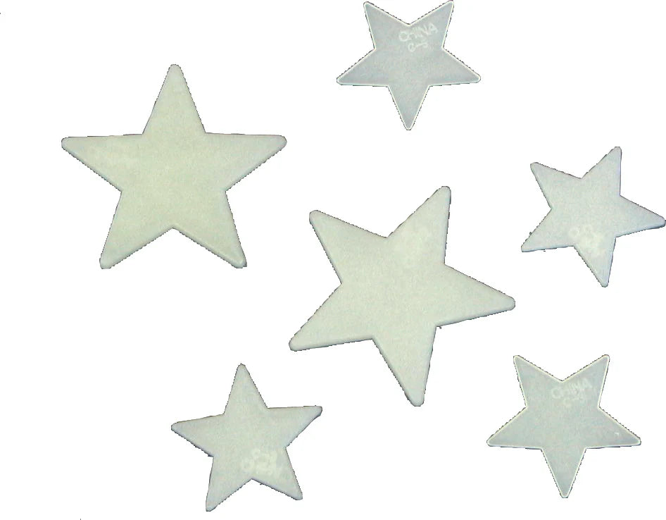 Set of six white star-shaped objects on a white background