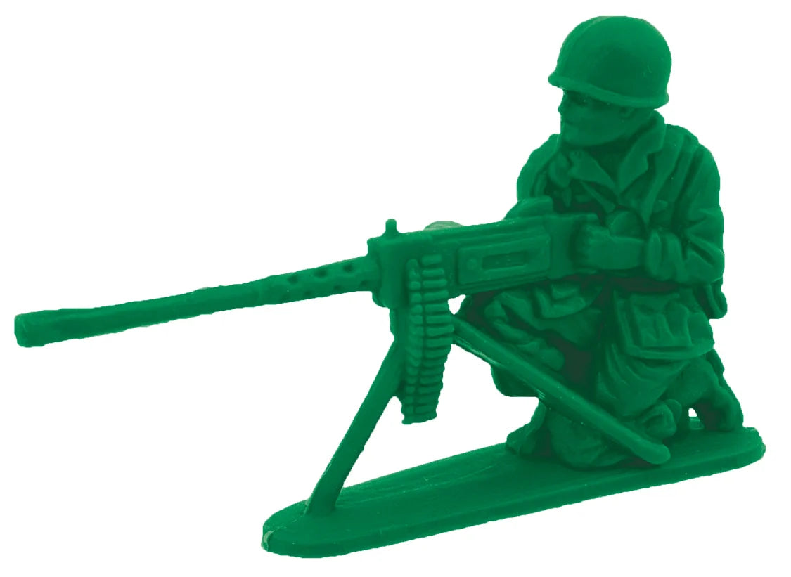 A green plastic toy soldier figurine kneeling and aiming a mounted gun, isolated on a white background.