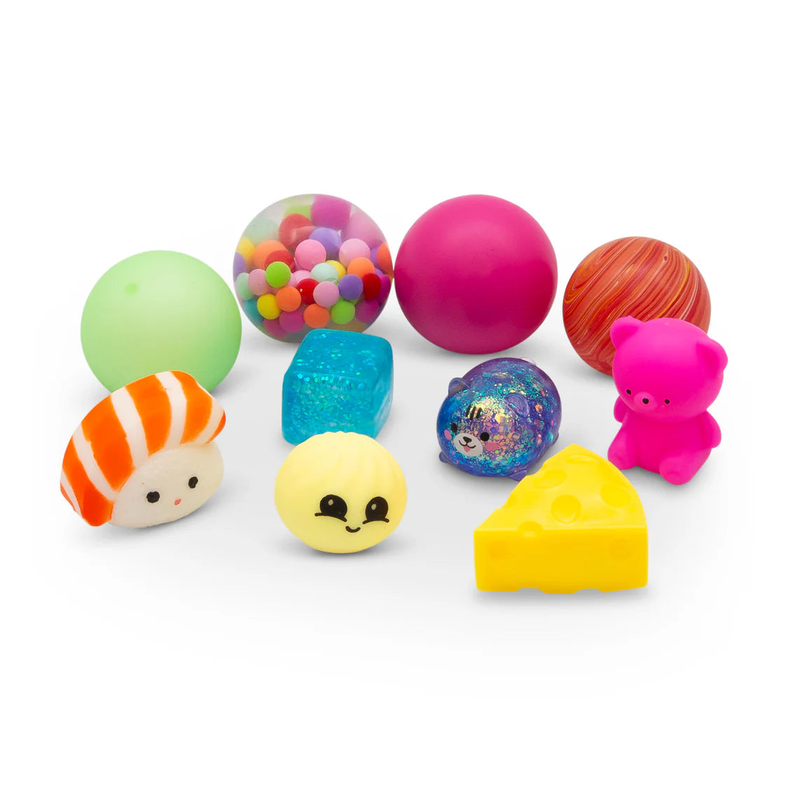 Assorted colourful rubber fidgets on a white background