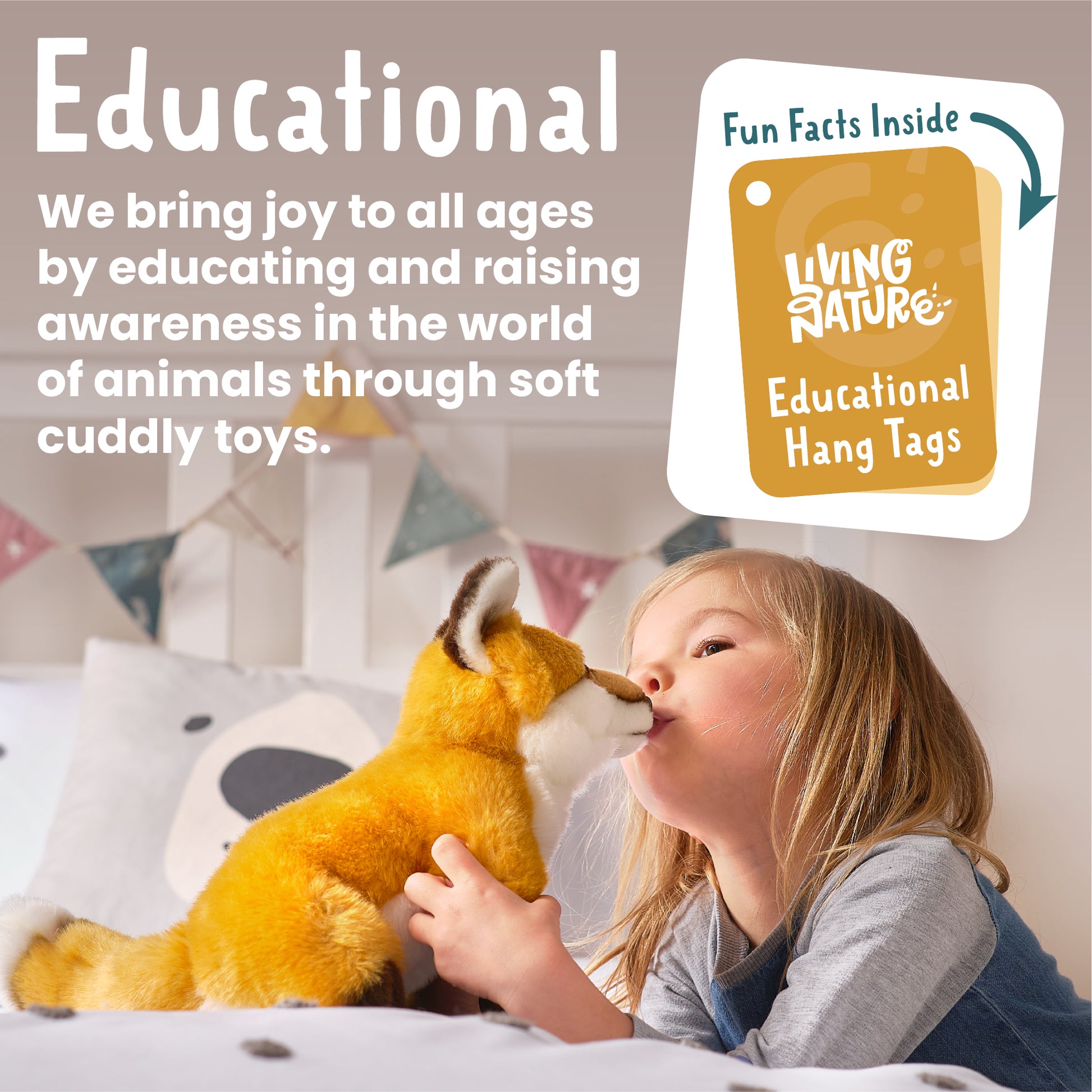 Child playing with a plush fox toy, with promotional text and Living Nature logo.