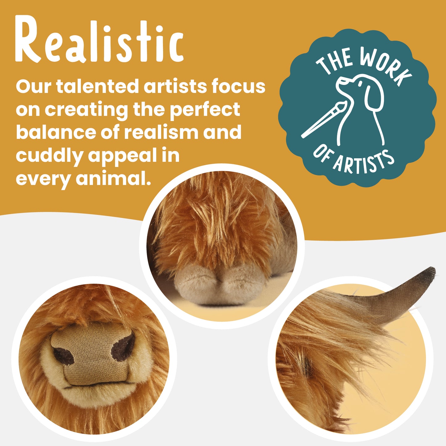 Advertisement for plush toys with a focus on realism, featuring close-up details and branding.