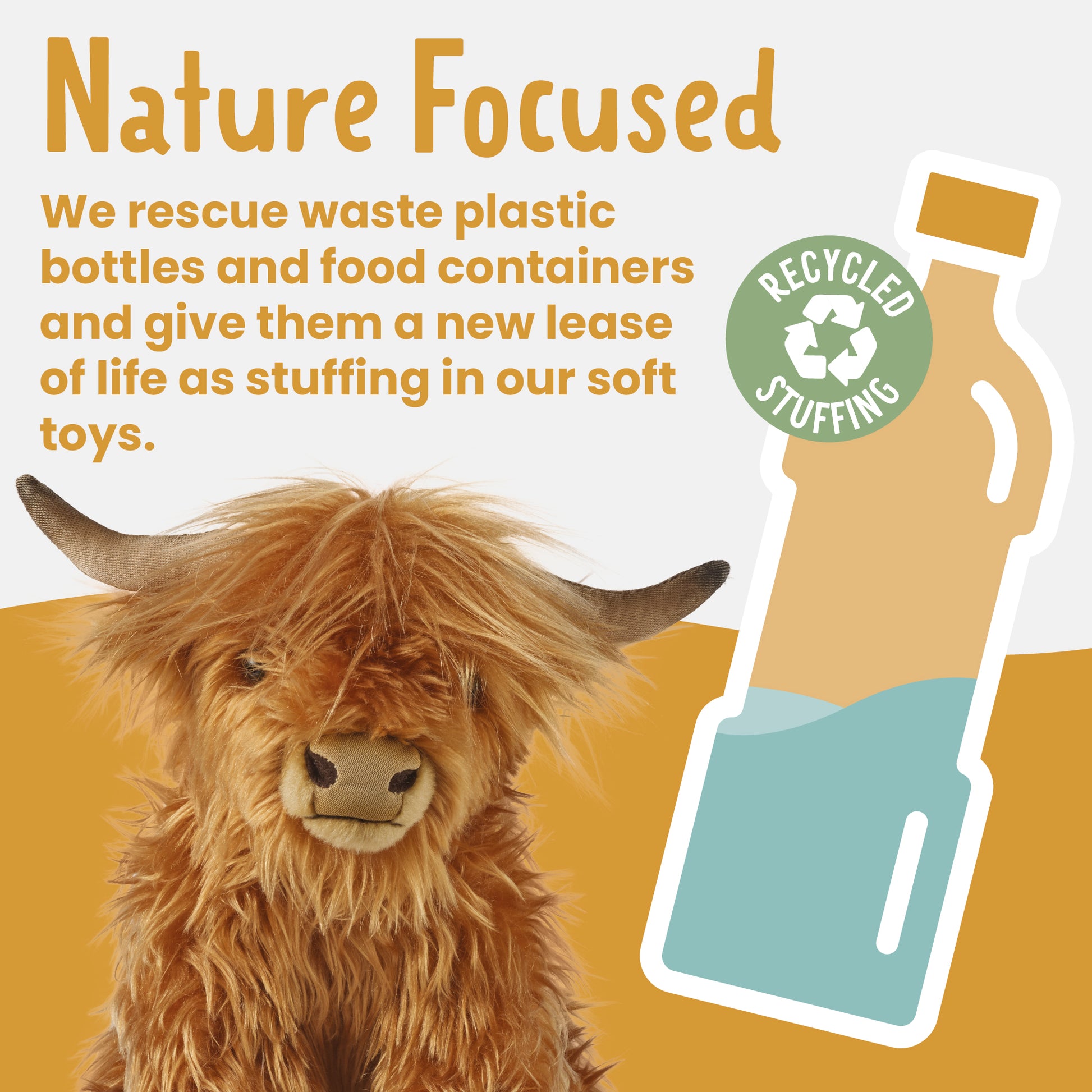 Plush toy cow with a recycled bottle label and text about using recycled materials.