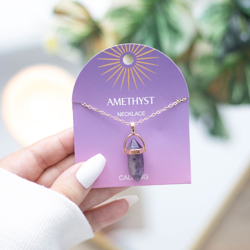 Amethyst Crystal Pendant Necklace on card