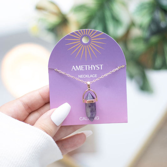 Amethyst Crystal Pendant Necklace on card