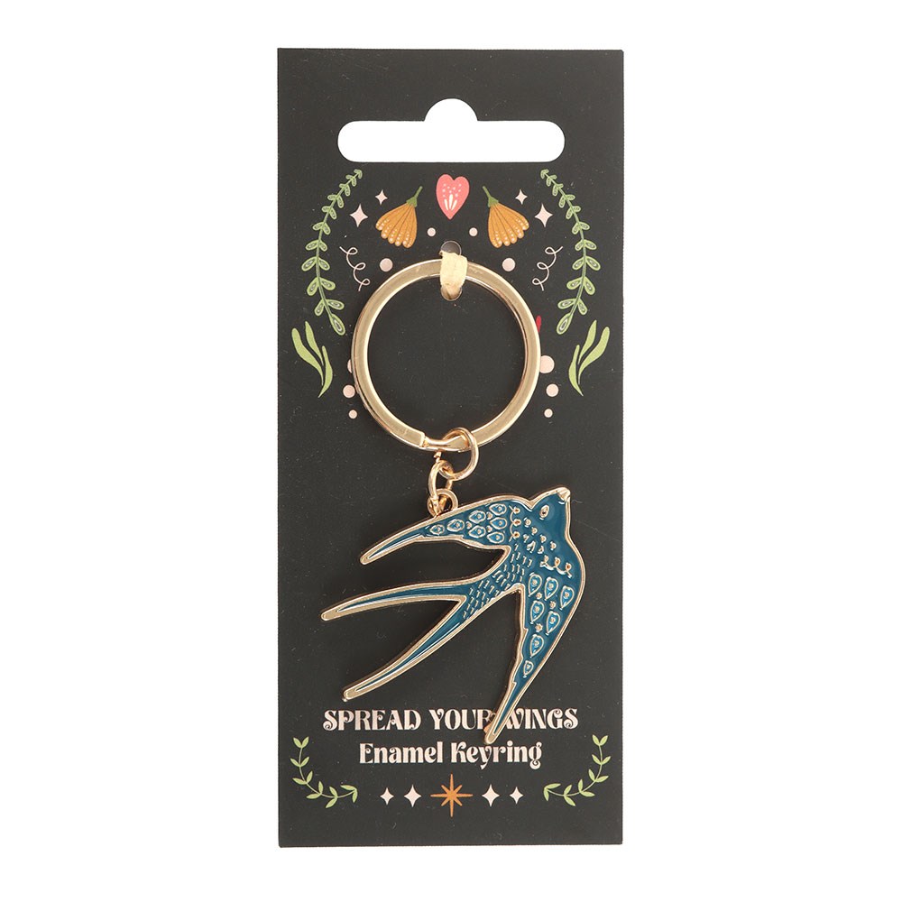 Enamel keyring with bird design on a black card with text