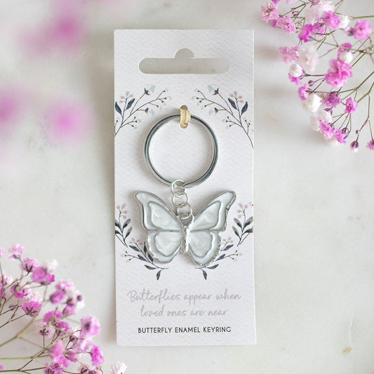 Butterfly keyring on a decorative card with pink flowers in the background