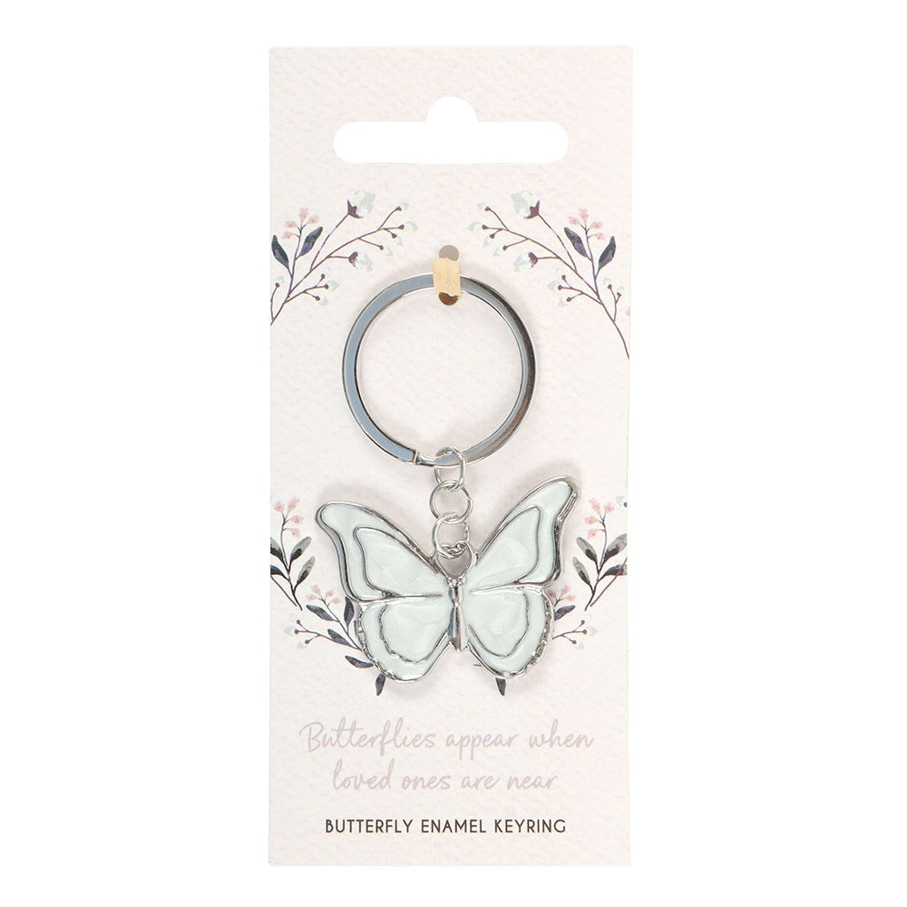 Butterfly keyring on a decorative card with floral elements