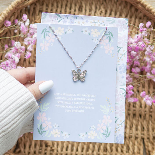 Butterfly necklace on a floral card 