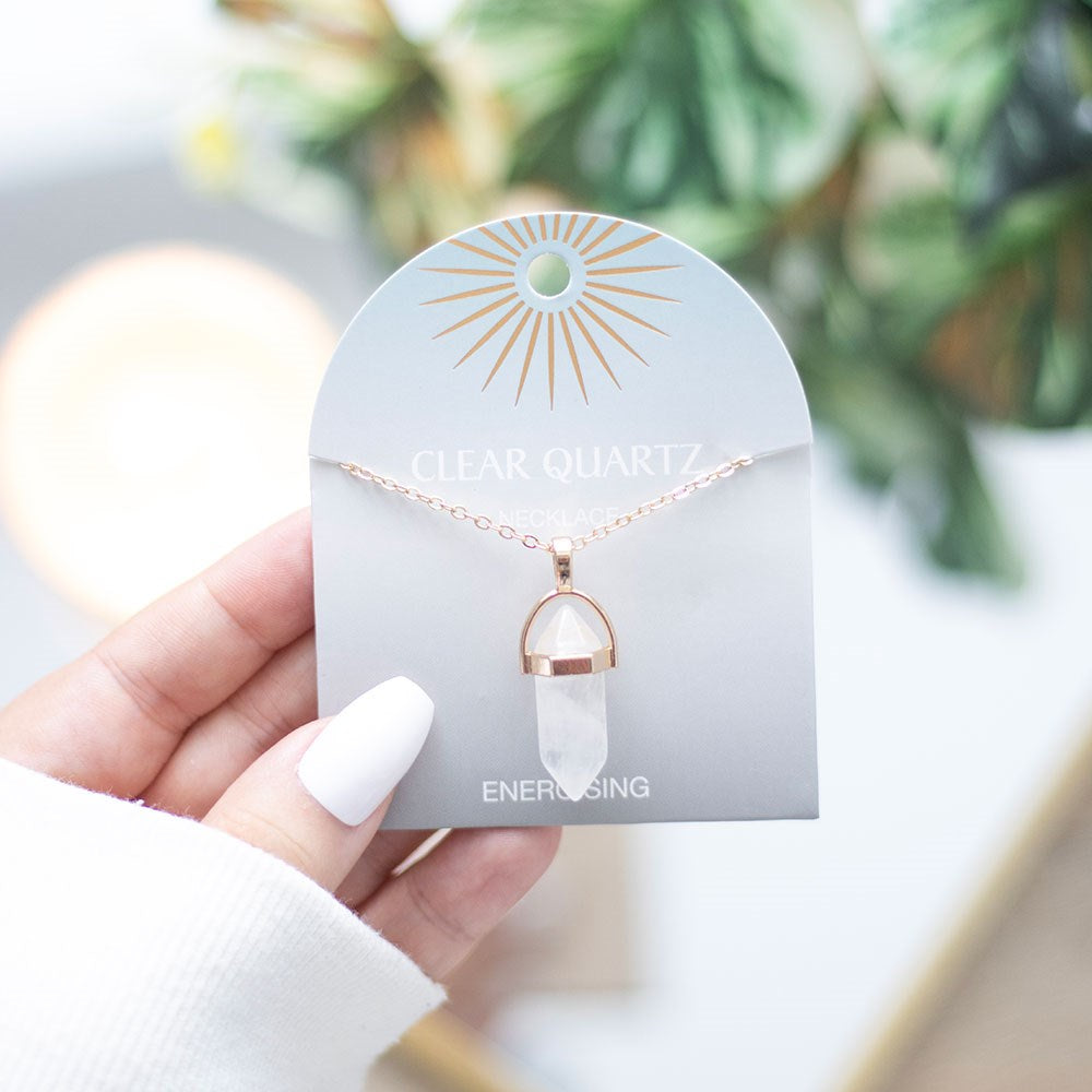 Clear Quartz Crystal Pendant Necklace display