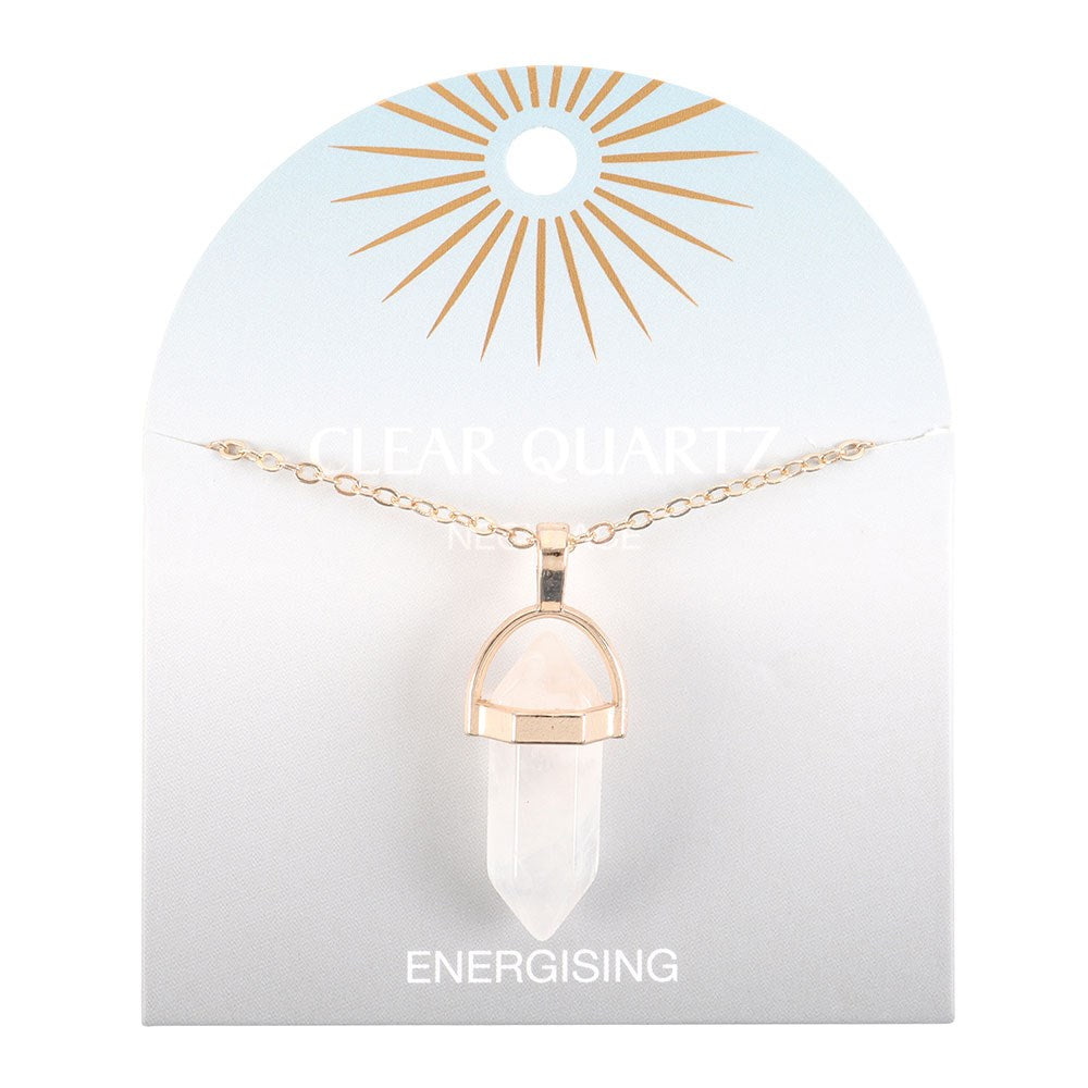 Clear Quartz Crystal Pendant Necklace on card