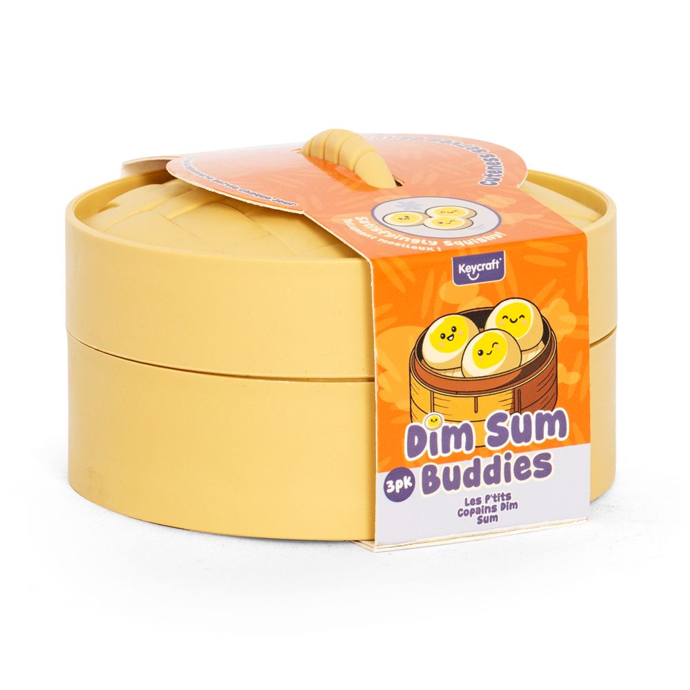 Yellow toy container with 'Dim Sum Buddies' packaging on a white background