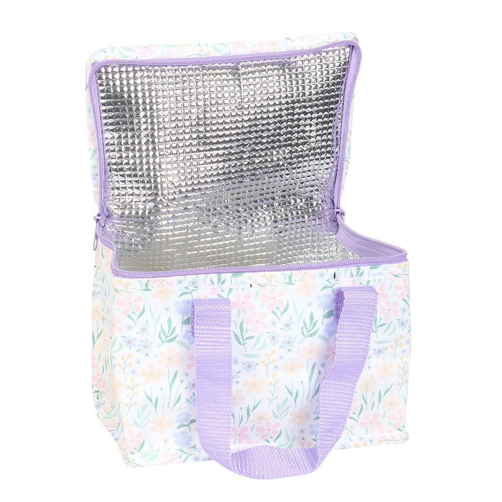 Insulated lunch bag with floral pattern and purple accents on a white background