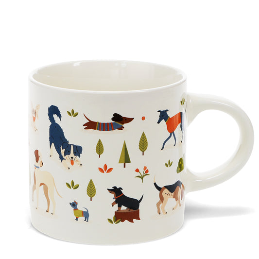 Dog Park Mug white background with a variety of colourful pictures of various dog breeds
