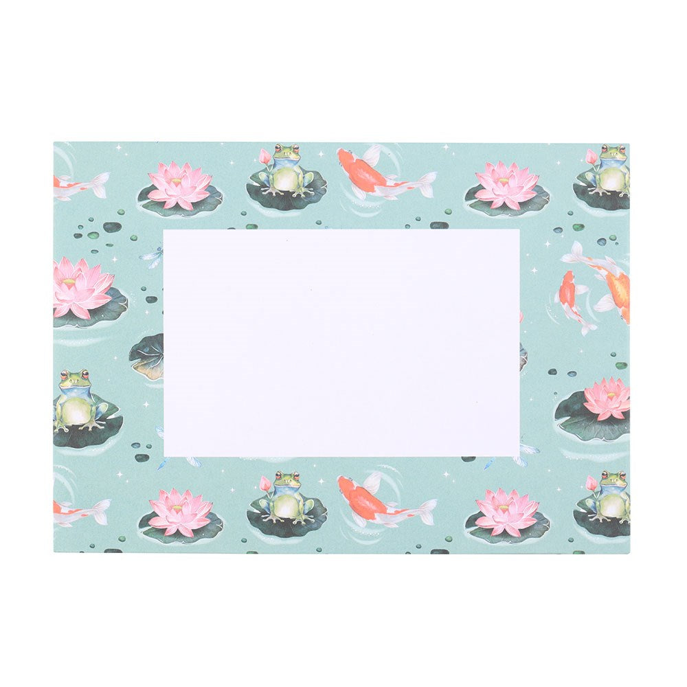 Decorative envelope with a pond design featuring frogs, fish, and lilies on a light blue background.