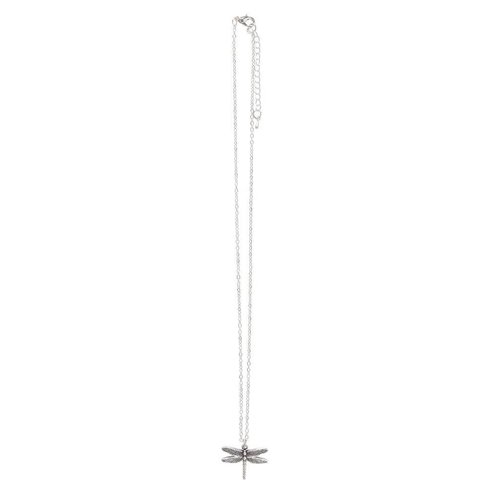 Silver necklace with a dragonfly pendant on a white background