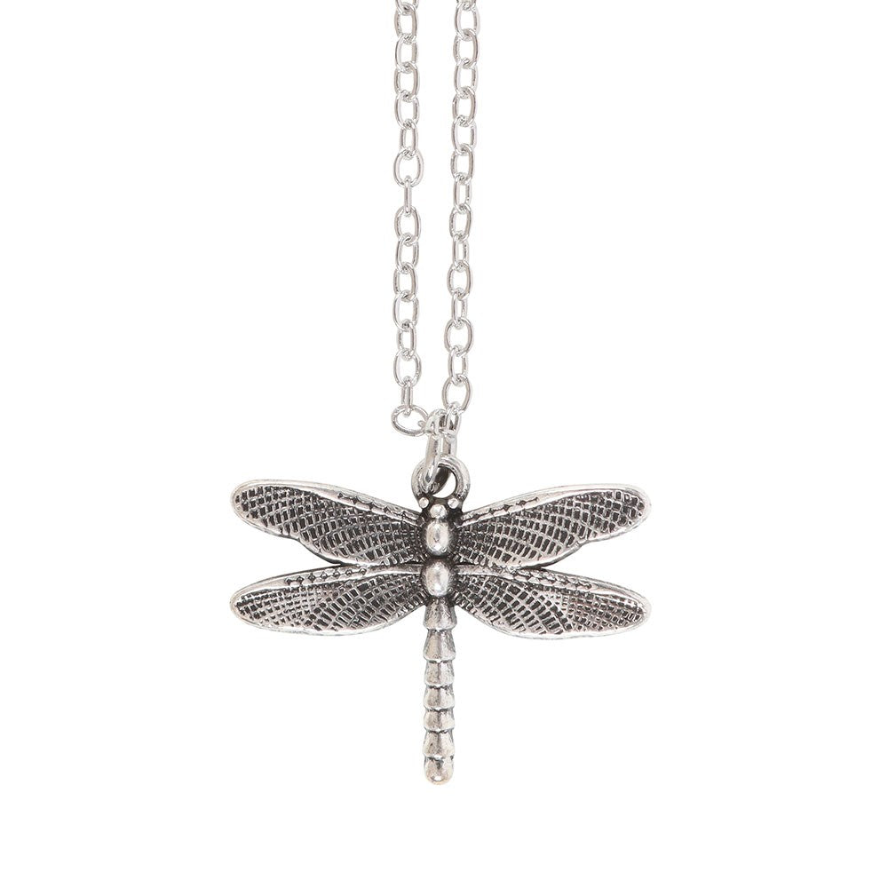 Silver dragonfly pendant necklace on a white background