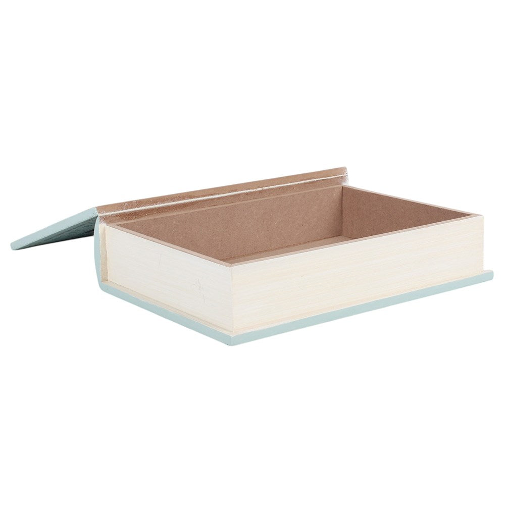 A rectangular book storage box with a hinged lid, shown open against a plain white background. The exterior of the box is painted in a pale mint green, while the interior and lid are lined with natural brown cardboard.