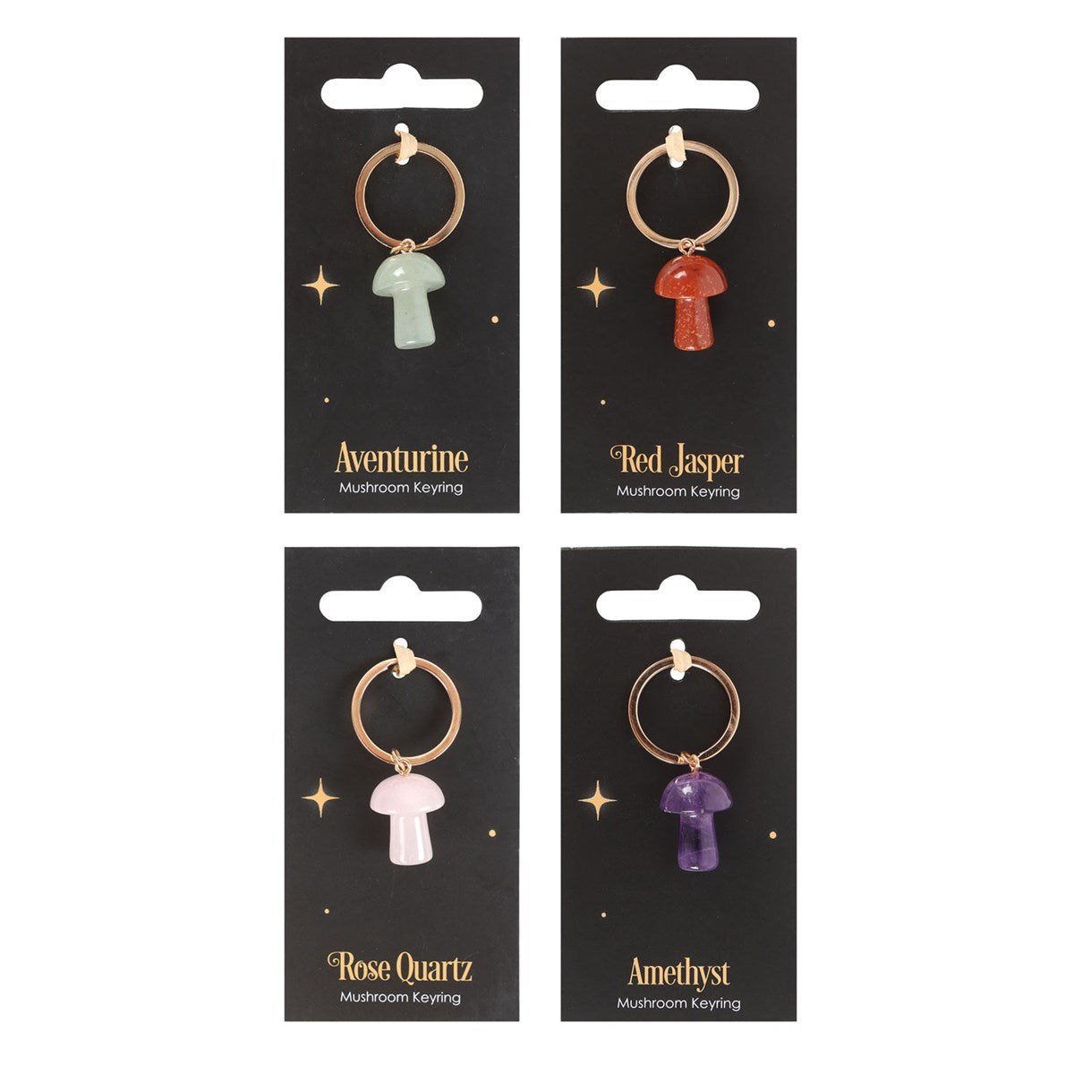 Four mushroom-shaped keychains with different gemstones on black cards against a white background.
