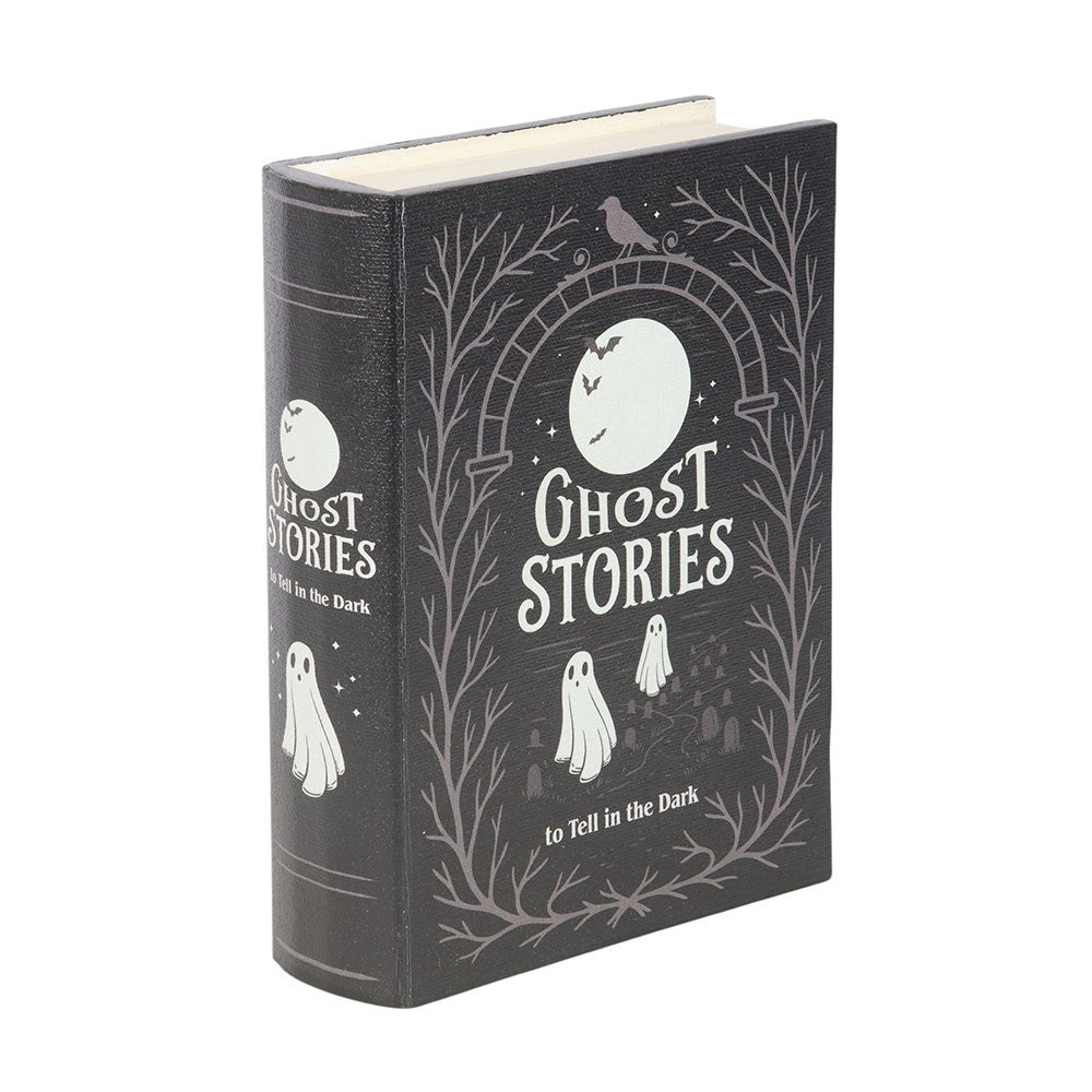 Book storage box titled 'Ghost Stories' with ghost illustrations on a black background