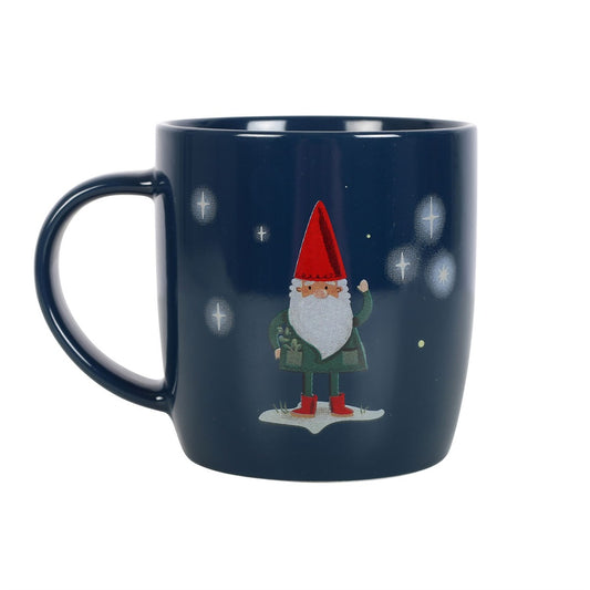 Navy blue mug with a gnome illustration on a white background