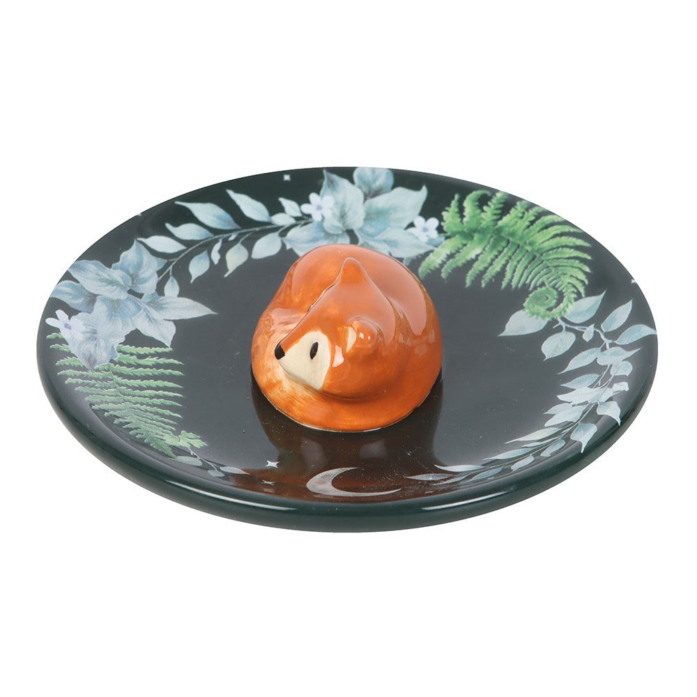Decorative trinket dish with a fox design and leaf patterns on a white background